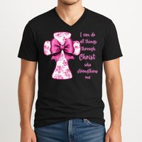 I Can Do All Things Through Christ Toile Cross And Bow V-Neck T-Shirt