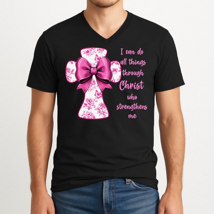 I Can Do All Things Through Christ Toile Cross And Bow V-Neck T-Shirt