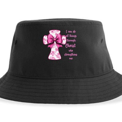 I Can Do All Things Through Christ Toile Cross And Bow Sustainable Bucket Hat
