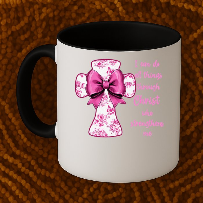 I Can Do All Things Through Christ Toile Cross And Bow Mug