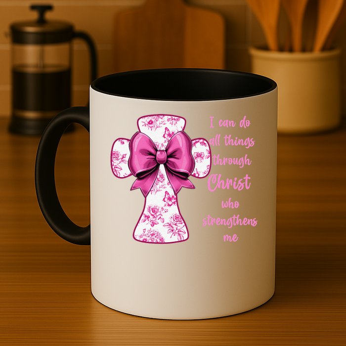 I Can Do All Things Through Christ Toile Cross And Bow Mug