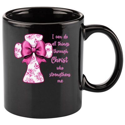 I Can Do All Things Through Christ Toile Cross And Bow 11oz C Handle Ceramic Mug