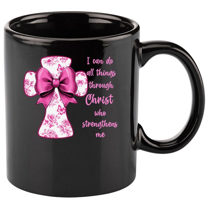 I Can Do All Things Through Christ Toile Cross And Bow 11oz C Handle Ceramic Mug