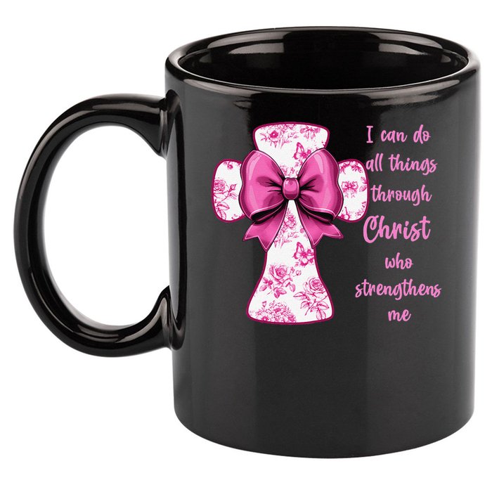 I Can Do All Things Through Christ Toile Cross And Bow 11oz C Handle Ceramic Mug