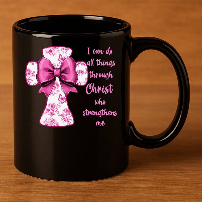 I Can Do All Things Through Christ Toile Cross And Bow 11oz C Handle Ceramic Mug