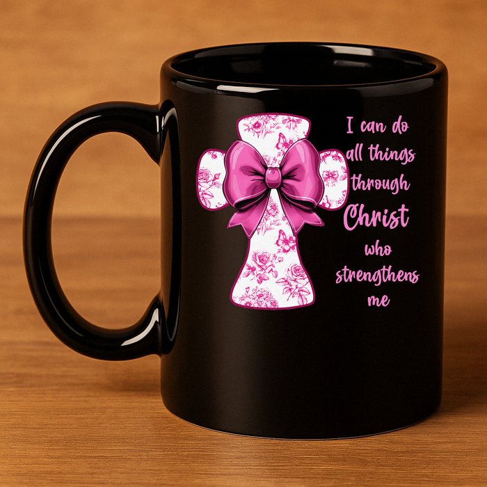 I Can Do All Things Through Christ Toile Cross And Bow 11oz C Handle Ceramic Mug