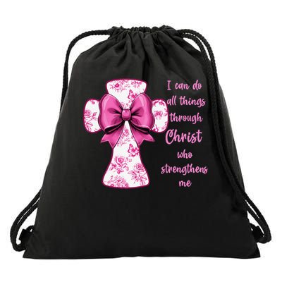 I Can Do All Things Through Christ Toile Cross And Bow Drawstring Bag