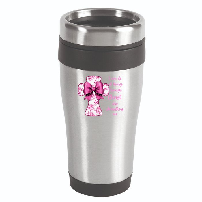 I Can Do All Things Through Christ Toile Cross And Bow 16oz Travel Tumbler