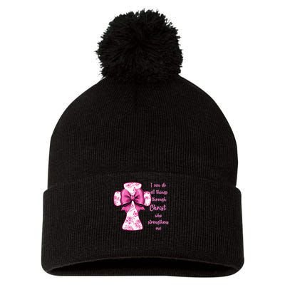 I Can Do All Things Through Christ Toile Cross And Bow Pom Pom 12in Knit Beanie