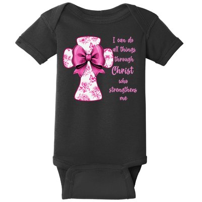 I Can Do All Things Through Christ Toile Cross And Bow Baby Bodysuit