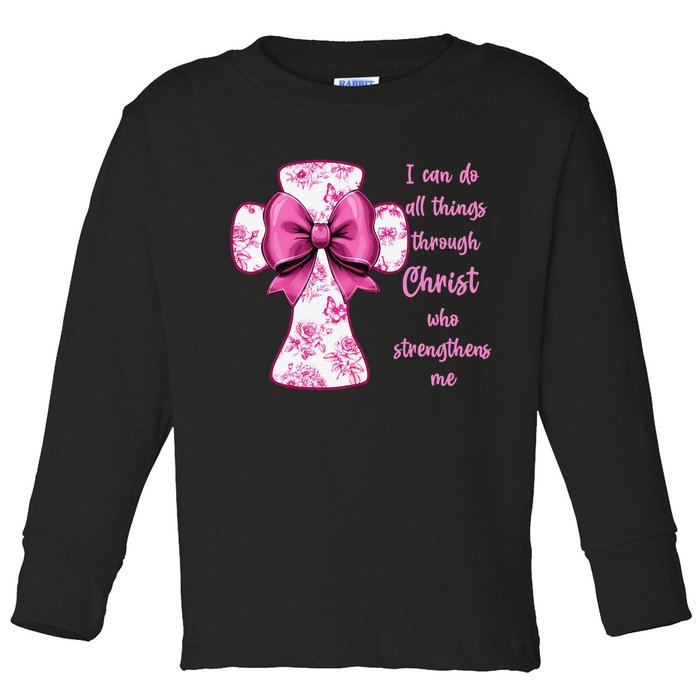 I Can Do All Things Through Christ Toile Cross And Bow Toddler Long Sleeve Shirt