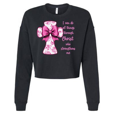 I Can Do All Things Through Christ Toile Cross And Bow Cropped Pullover Crew