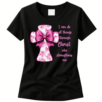 I Can Do All Things Through Christ Toile Cross And Bow Womens T-Shirt