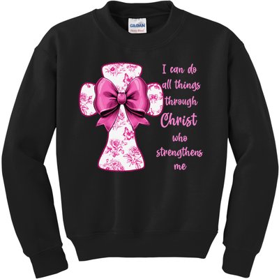 I Can Do All Things Through Christ Toile Cross And Bow Kids Sweatshirt