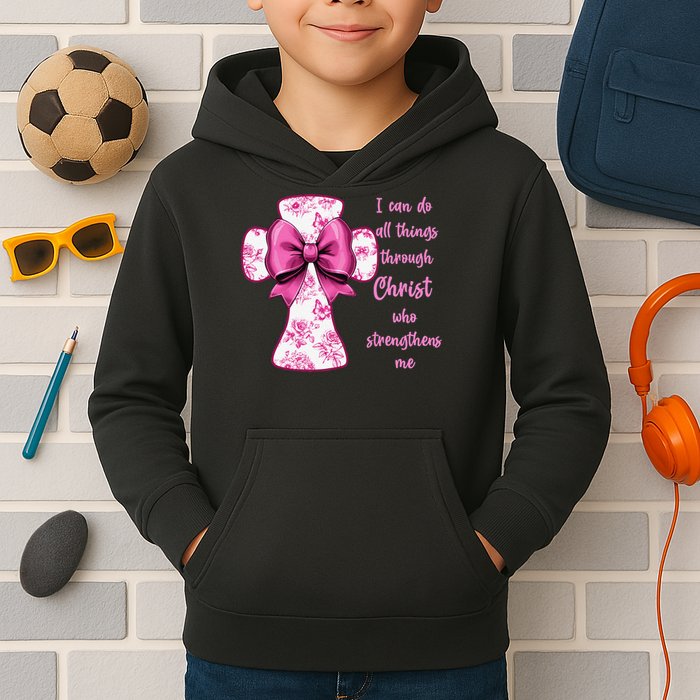 I Can Do All Things Through Christ Toile Cross And Bow Kids Hoodie