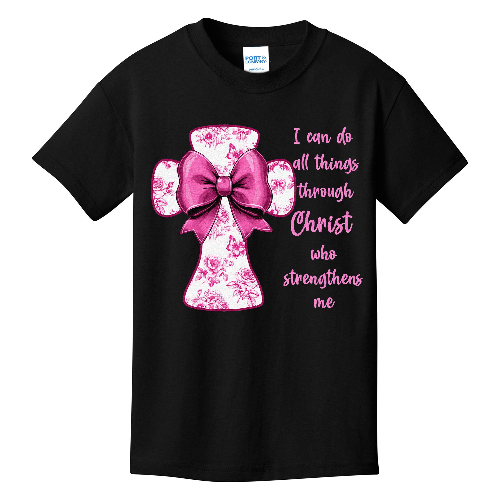 I Can Do All Things Through Christ Toile Cross And Bow Kids T-Shirt