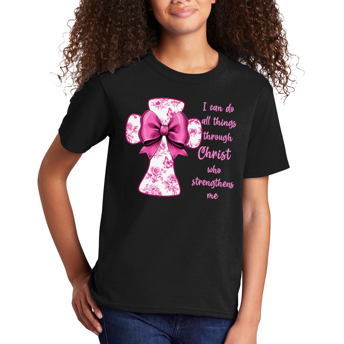 I Can Do All Things Through Christ Toile Cross And Bow Kids T-Shirt