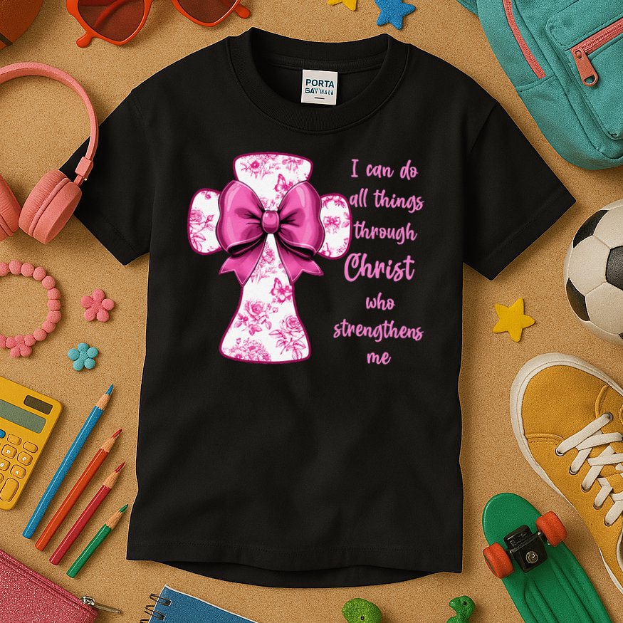 I Can Do All Things Through Christ Toile Cross And Bow Kids T-Shirt