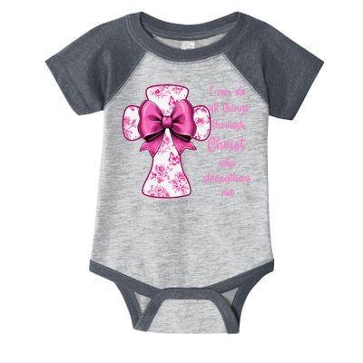 I Can Do All Things Through Christ Toile Cross And Bow Infant Baby Jersey Bodysuit