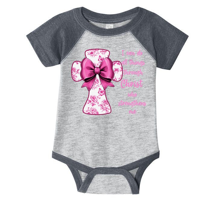 I Can Do All Things Through Christ Toile Cross And Bow Infant Baby Jersey Bodysuit