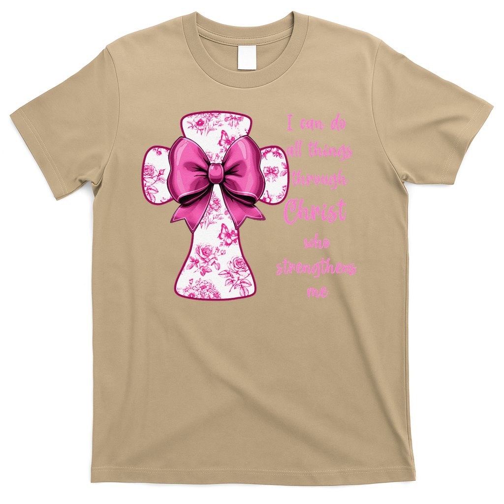 I Can Do All Things Through Christ Toile Cross And Bow T-Shirt