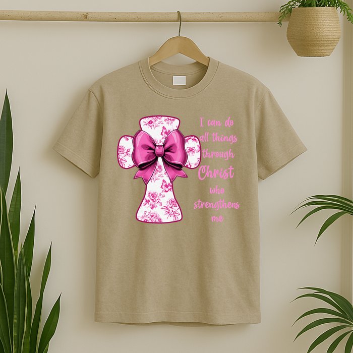 I Can Do All Things Through Christ Toile Cross And Bow T-Shirt