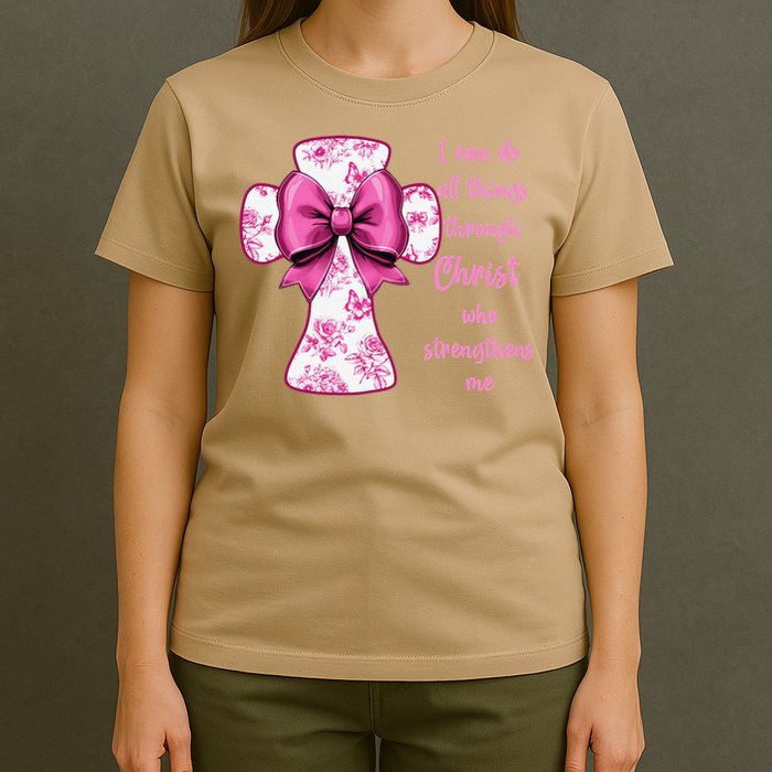 I Can Do All Things Through Christ Toile Cross And Bow T-Shirt