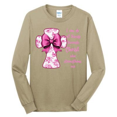 I Can Do All Things Through Christ Toile Cross And Bow Tall Long Sleeve T-Shirt