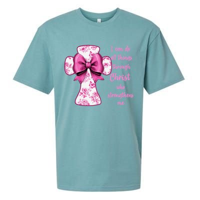 I Can Do All Things Through Christ Toile Cross And Bow Sueded Cloud Jersey T-Shirt