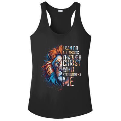 I Can Do All Things Through Christ Lion Faith Religious Ladies PosiCharge Competitor Racerback Tank