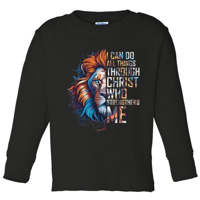 I Can Do All Things Through Christ Lion Faith Religious Toddler Long Sleeve Shirt
