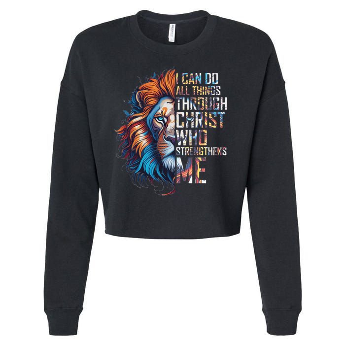 I Can Do All Things Through Christ Lion Faith Religious Cropped Pullover Crew