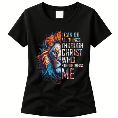 I Can Do All Things Through Christ Lion Faith Religious Womens T-Shirt