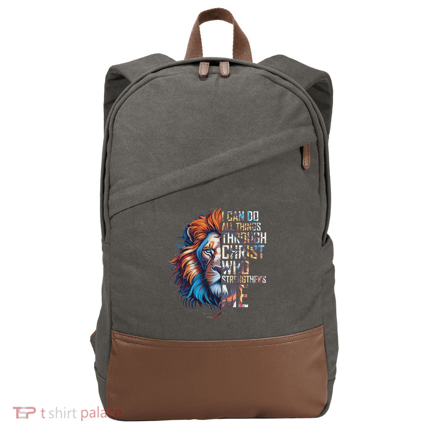 I Can Do All Things Through Christ Lion Faith Religious Cotton Canvas Backpack