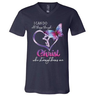 I Can Do All Things Through Christ Butterfly Art Easter Day V-Neck T-Shirt