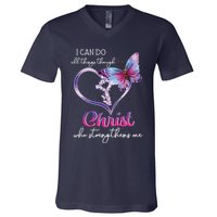 I Can Do All Things Through Christ Butterfly Art Easter Day V-Neck T-Shirt