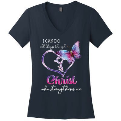 I Can Do All Things Through Christ Butterfly Art Easter Day Women's V-Neck T-Shirt