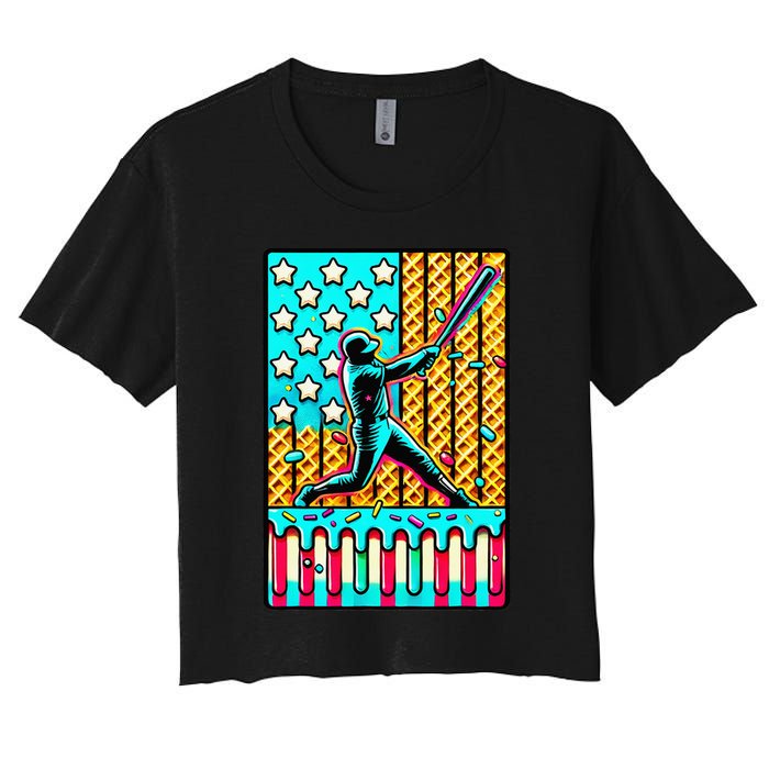 Ice Cream Drip Baseball Stuff Drip For American Flag Women's Crop Top Tee