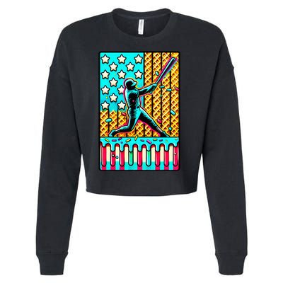 Ice Cream Drip Baseball Stuff Drip For American Flag Cropped Pullover Crew