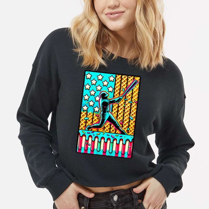 Ice Cream Drip Baseball Stuff Drip For American Flag Cropped Pullover Crew