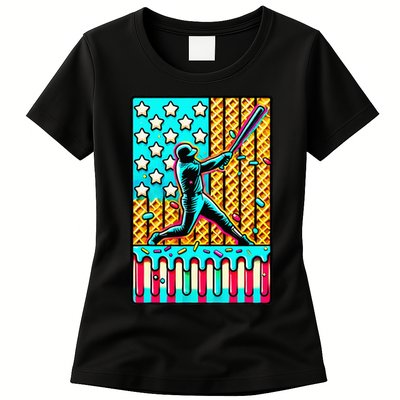 Ice Cream Drip Baseball Stuff Drip For American Flag Womens T-Shirt