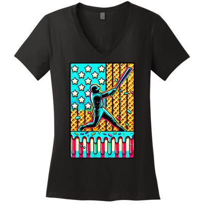 Ice Cream Drip Baseball Stuff Drip For American Flag Women's V-Neck T-Shirt