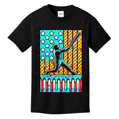 Ice Cream Drip Baseball Stuff Drip For American Flag Kids T-Shirt