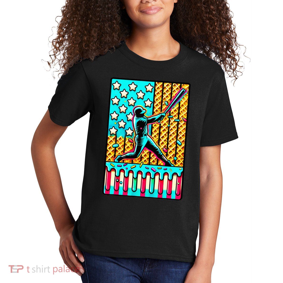 Ice Cream Drip Baseball Stuff Drip For American Flag Kids T-Shirt