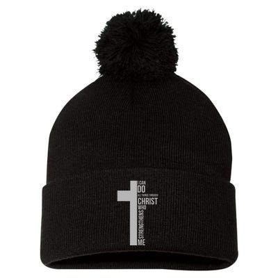 I Can Do All Things Through Christ Who Strengthens Me Cross Pom Pom 12in Knit Beanie