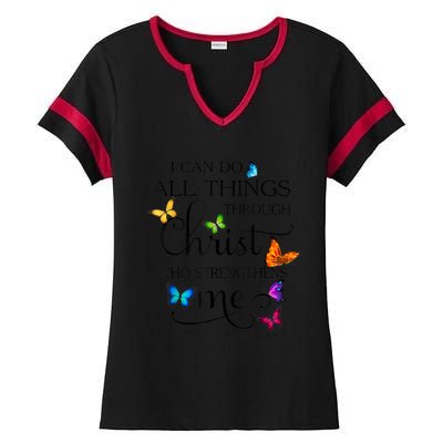 I Can Do All Things Through Christ Butterfly Art Religious Ladies Halftime Notch Neck Tee