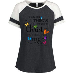 I Can Do All Things Through Christ Butterfly Art Religious Enza Ladies Jersey Colorblock Tee