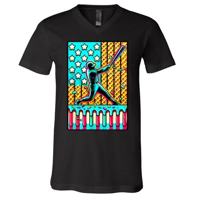 Ice Cream Drip Baseball Stuff Drip For American Flag V-Neck T-Shirt
