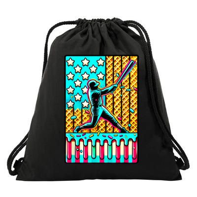 Ice Cream Drip Baseball Stuff Drip For American Flag Drawstring Bag