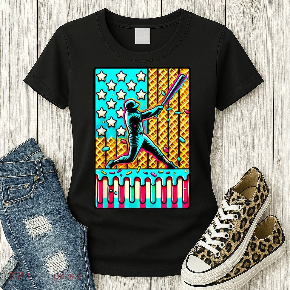 Ice Cream Drip Baseball Stuff Drip For American Flag Womens T-Shirt